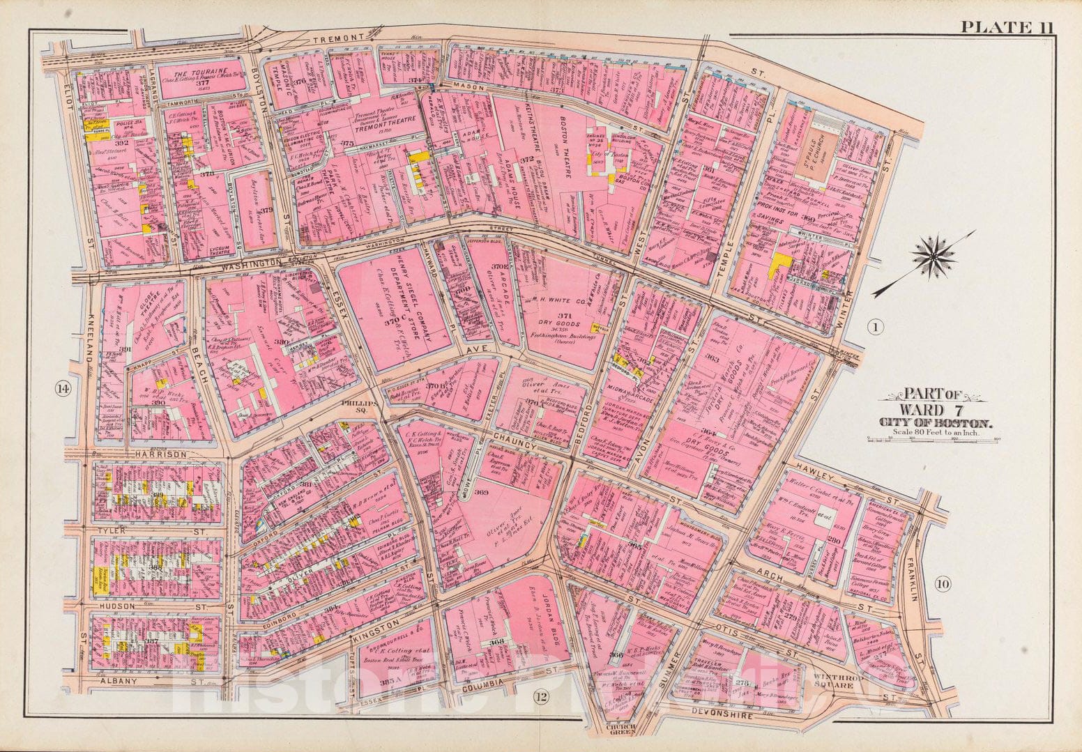 Historical Map, 1908 Atlas of the city of Boston, Boston proper and Back Bay : plate 11, Vintage Wall Art