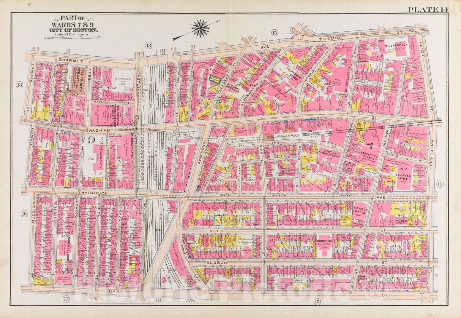 Historical Map, 1908 Atlas of The City of Boston, Boston Proper and Back Bay : Plate 14, Vintage Wall Art