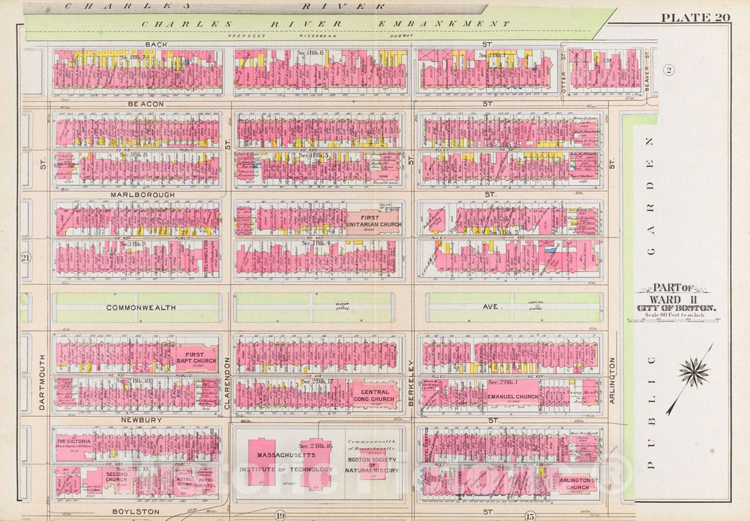 Historical Map, 1908 Atlas of The City of Boston, Boston Proper and Back Bay : Plate 20, Vintage Wall Art