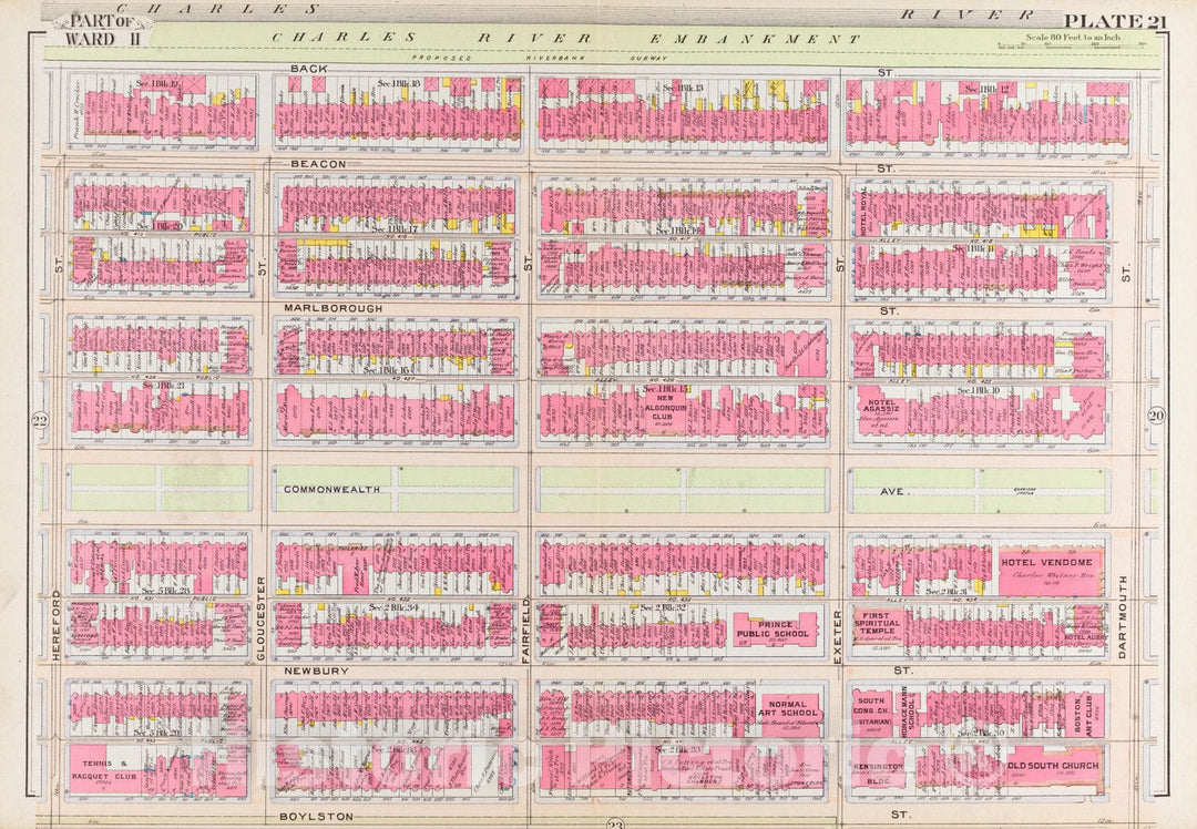 Historical Map, 1908 Atlas of The City of Boston, Boston Proper and Back Bay : Plate 21, Vintage Wall Art