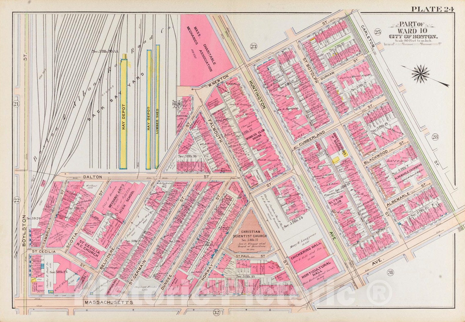 Historical Map, 1908 Atlas of The City of Boston, Boston Proper and Back Bay : Plate 24, Vintage Wall Art