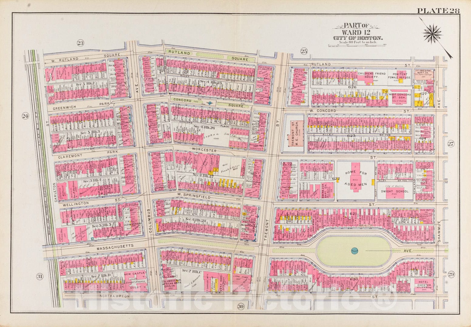 Historical Map, 1908 Atlas of The City of Boston, Boston Proper and Back Bay : Plate 28, Vintage Wall Art