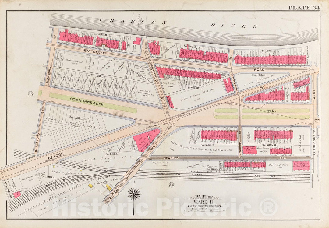 Historical Map, 1908 Atlas of The City of Boston, Boston Proper and Back Bay : Plate 34, Vintage Wall Art