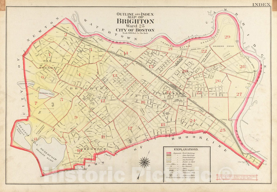 Historical Map, 1909 Outline and Index map of Brighton, Ward 25, City of Boston, Vintage Wall Art