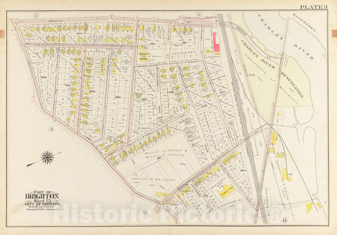 Historical Map, 1909 Atlas of The City of Boston, Ward 25, Brighton : Plate 3, Vintage Wall Art