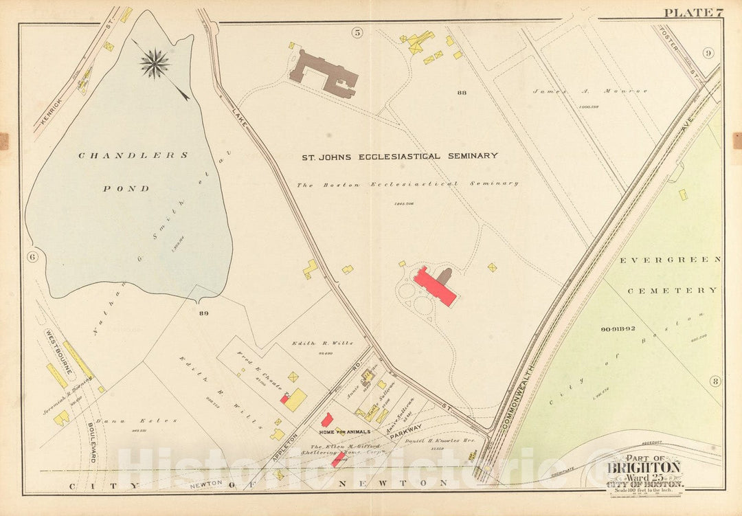 Historical Map, 1909 Atlas of The City of Boston, Ward 25, Brighton : Plate 7, Vintage Wall Art