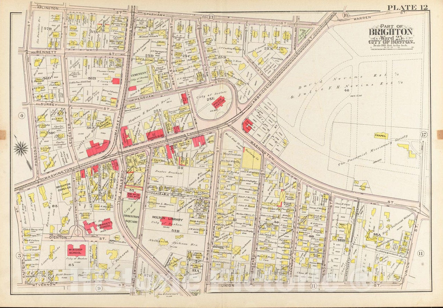 Historical Map, 1909 Atlas of The City of Boston, Ward 25, Brighton : Plate 12, Vintage Wall Art