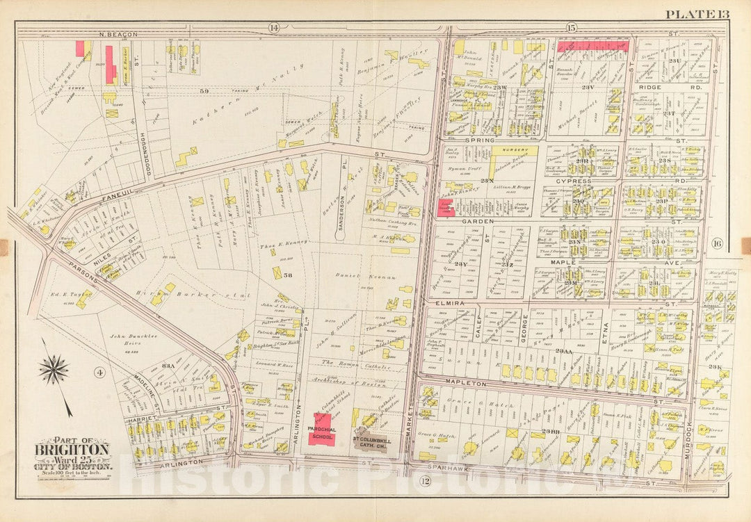 Historical Map, 1909 Atlas of The City of Boston, Ward 25, Brighton : Plate 13, Vintage Wall Art