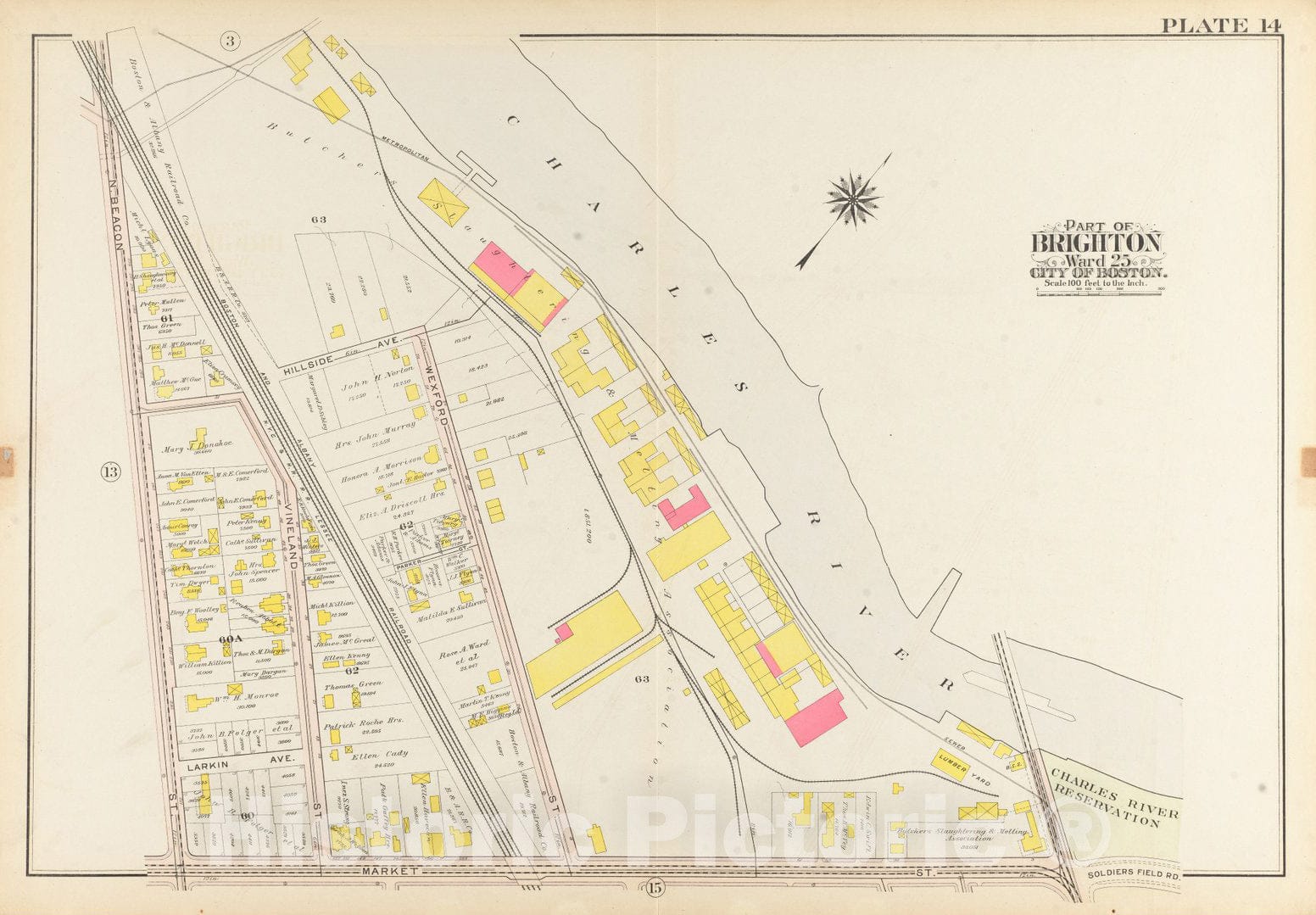 Historical Map, 1909 Atlas of The City of Boston, Ward 25, Brighton : Plate 14, Vintage Wall Art