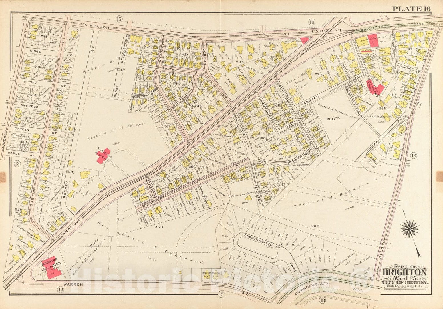 Historical Map, 1909 Atlas of The City of Boston, Ward 25, Brighton : Plate 16, Vintage Wall Art