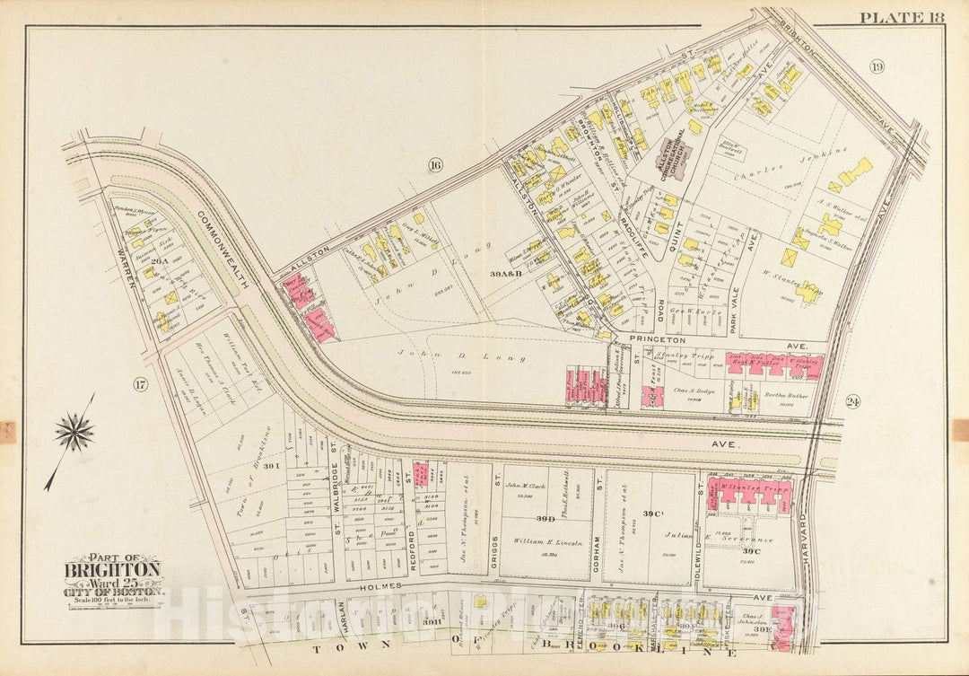 Historical Map, 1909 Atlas of The City of Boston, Ward 25, Brighton : Plate 18, Vintage Wall Art