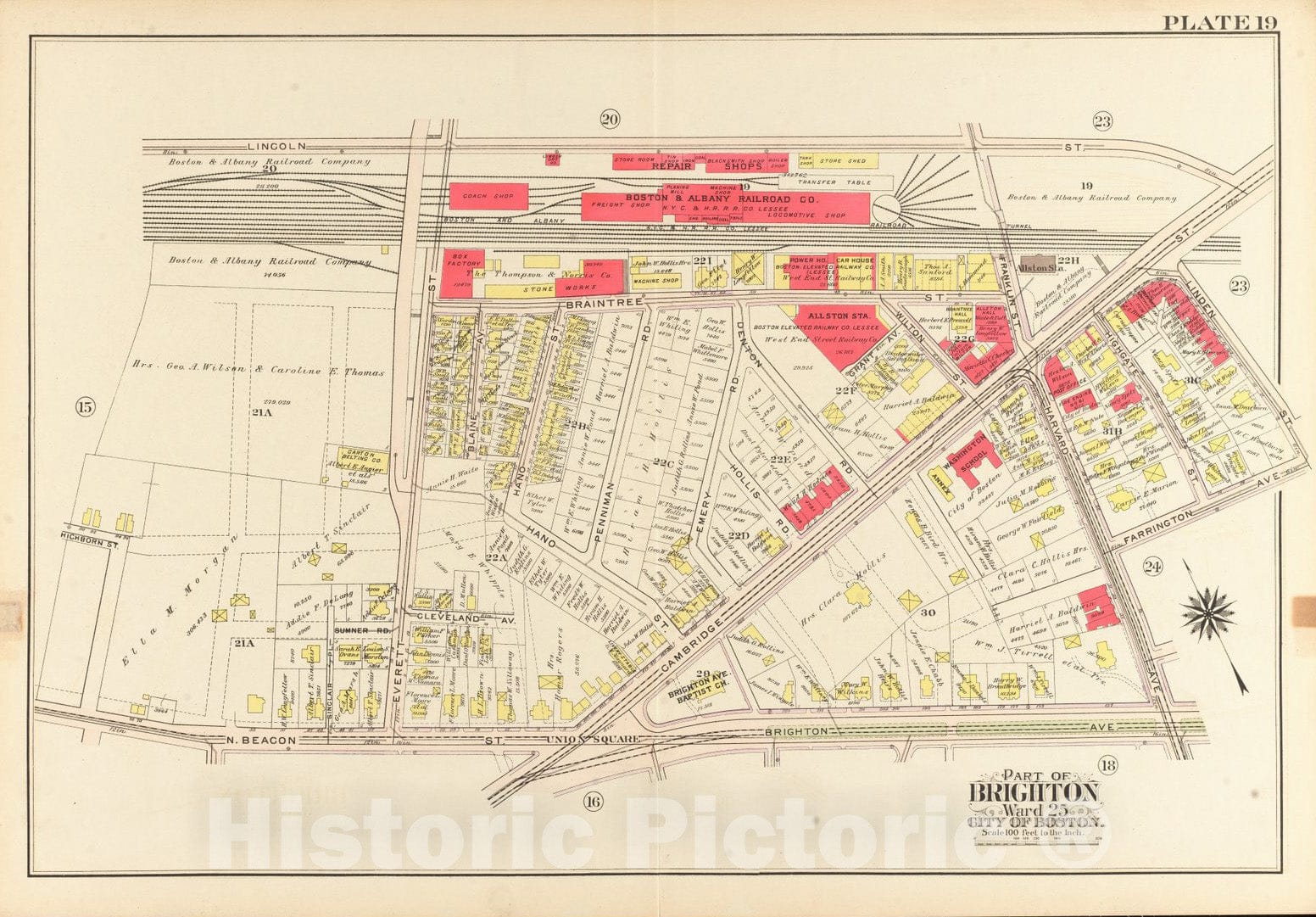 Historical Map, 1909 Atlas of The City of Boston, Ward 25, Brighton : Plate 19, Vintage Wall Art