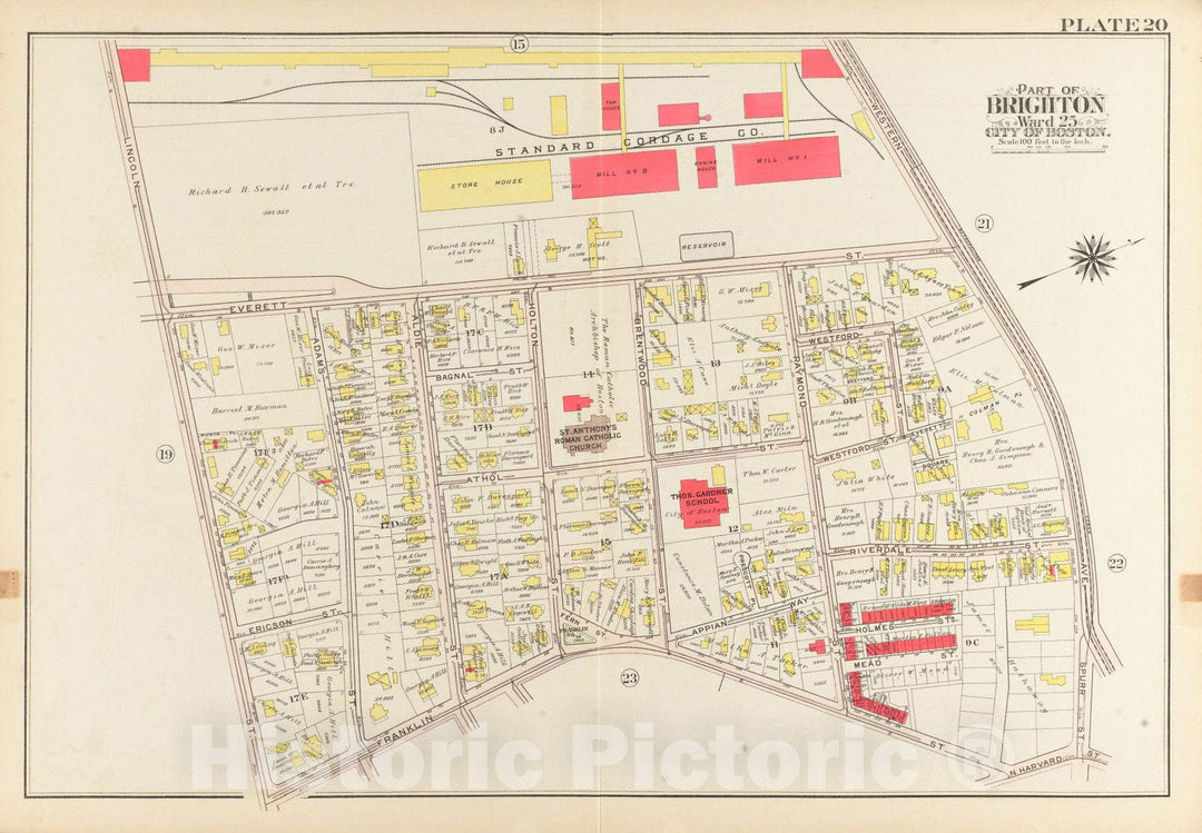 Historical Map, 1909 Atlas of The City of Boston, Ward 25, Brighton : Plate 20, Vintage Wall Art