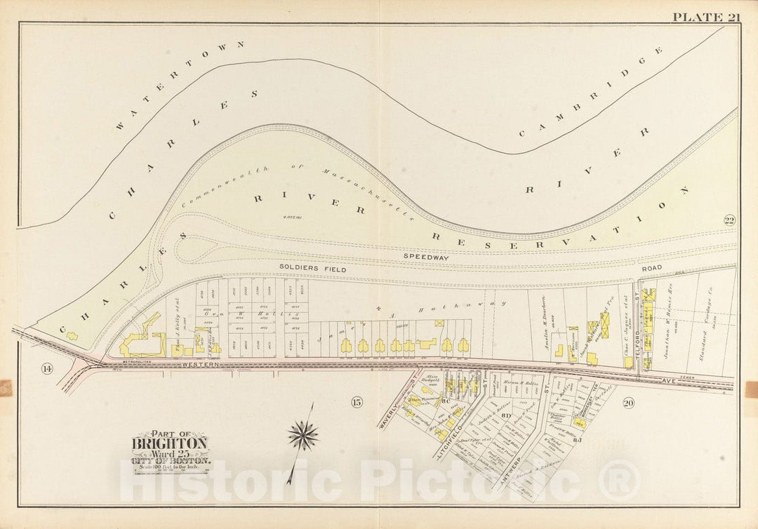 Historical Map, 1909 Atlas of The City of Boston, Ward 25, Brighton : Plate 21, Vintage Wall Art