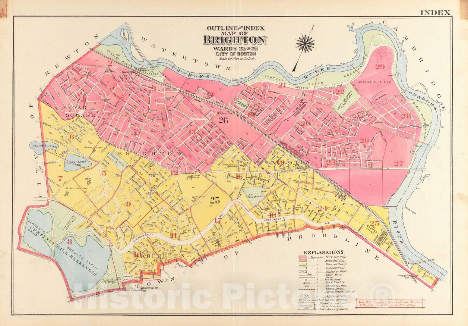 Historical Map, 1916 Outline and Index map of Brighton, wards 25 & 26, City of Boston, Vintage Wall Art