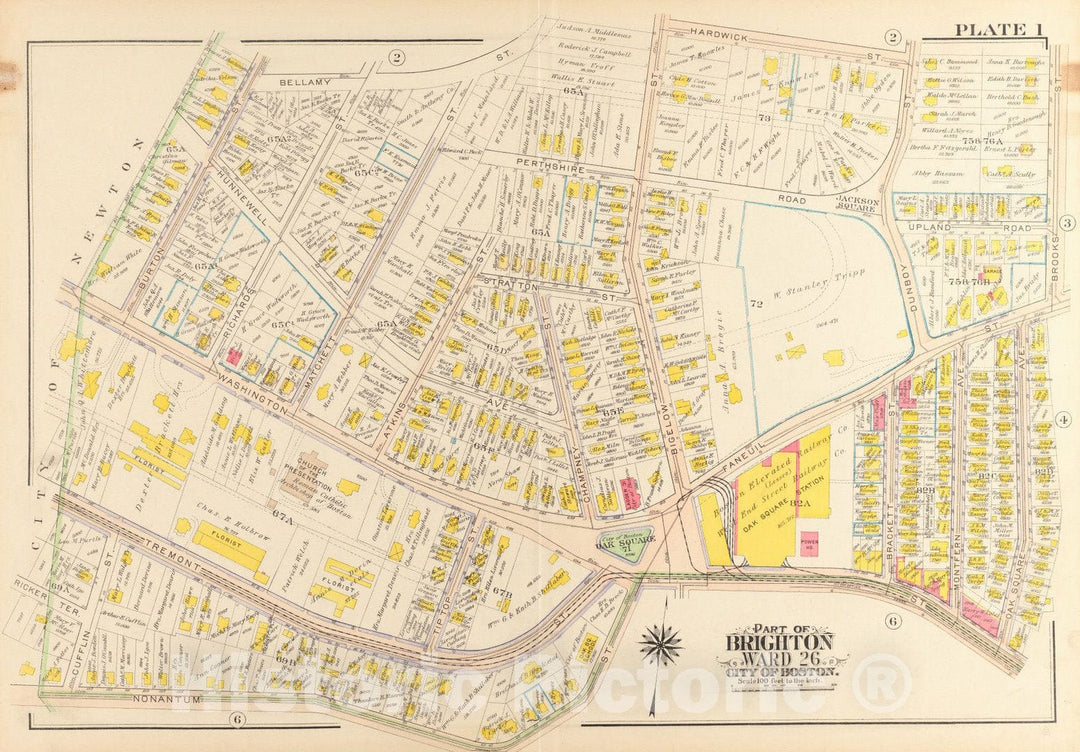 Historical Map, 1916 Atlas of the city of Boston, wards 25 & 26, Brighton : plate 1, Vintage Wall Art