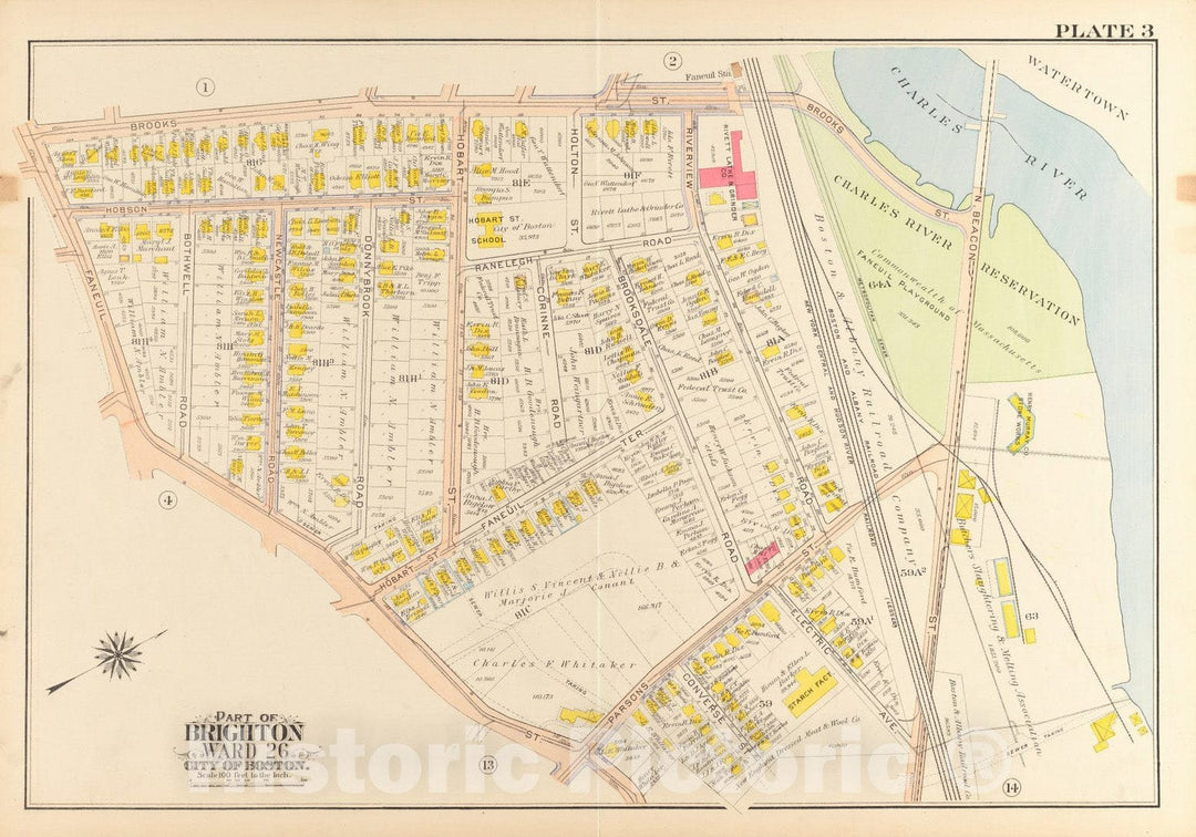 Historical Map, 1916 Atlas of The City of Boston, wards 25 & 26, Brighton : Plate 3, Vintage Wall Art