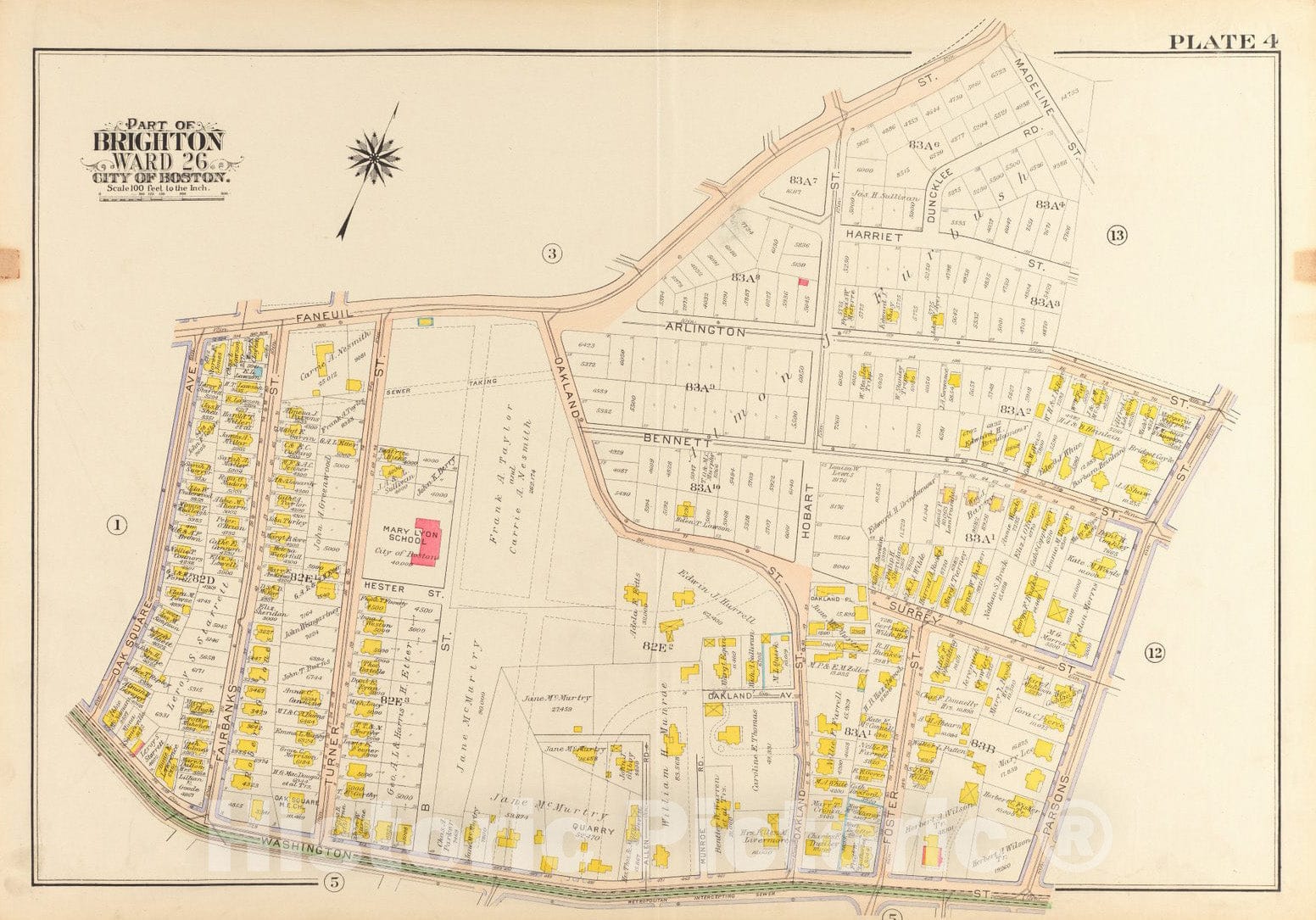 Historical Map, 1916 Atlas of The City of Boston, wards 25 & 26, Brighton : Plate 4, Vintage Wall Art