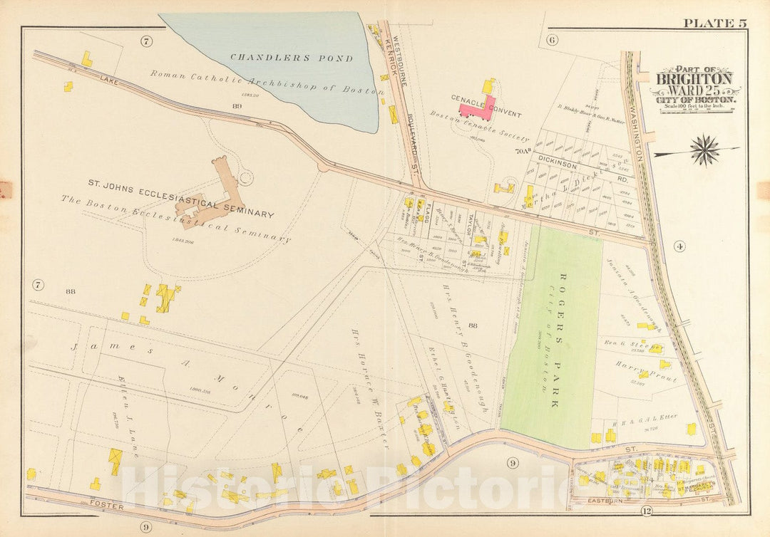 Historical Map, 1916 Atlas of The City of Boston, wards 25 & 26, Brighton : Plate 5, Vintage Wall Art