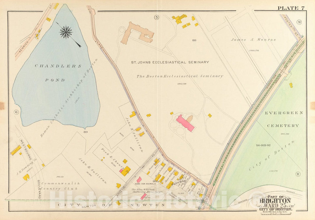 Historical Map, 1916 Atlas of The City of Boston, wards 25 & 26, Brighton : Plate 7, Vintage Wall Art