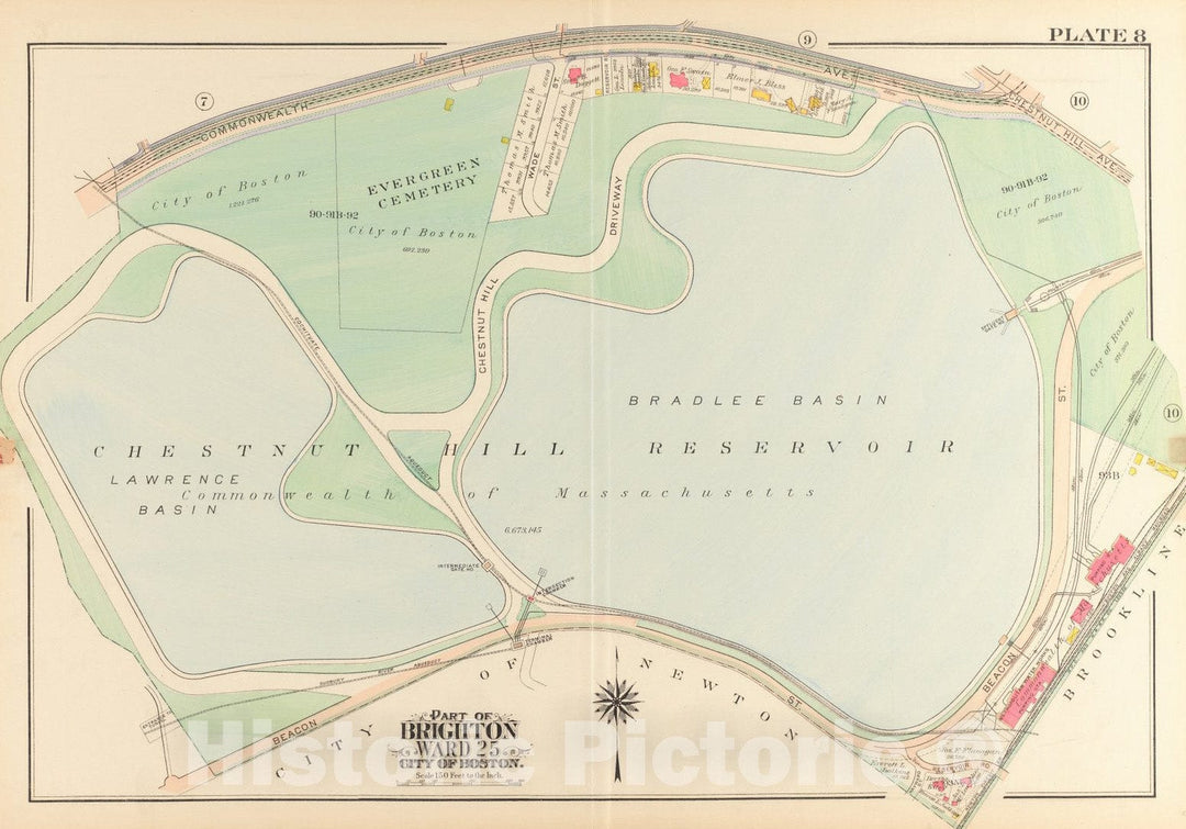 Historical Map, 1916 Atlas of The City of Boston, wards 25 & 26, Brighton : Plate 8, Vintage Wall Art