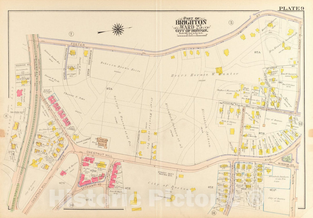 Historical Map, 1916 Atlas of The City of Boston, wards 25 & 26, Brighton : Plate 9, Vintage Wall Art