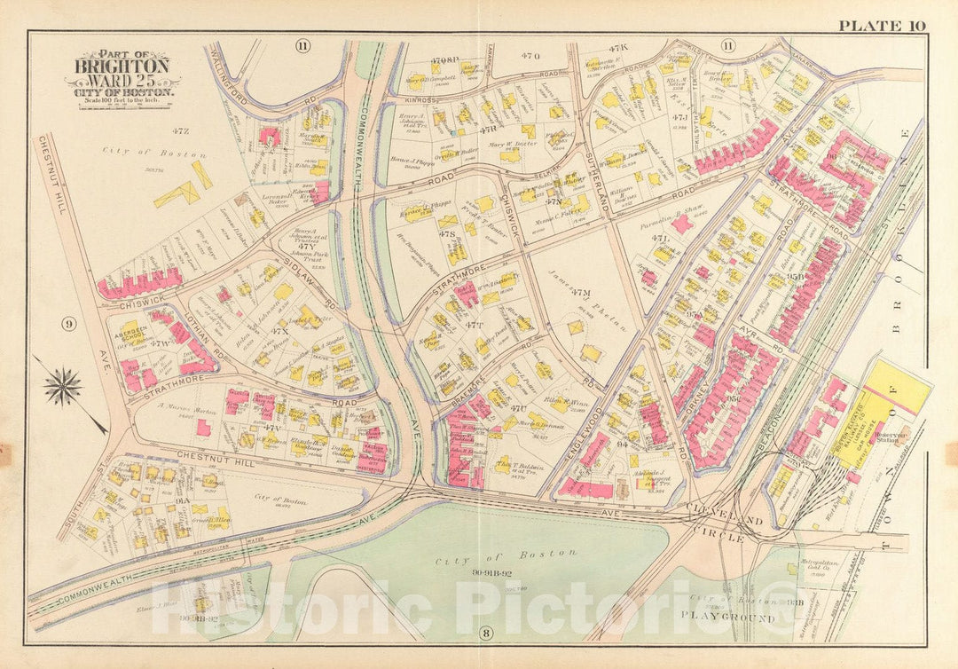 Historical Map, 1916 Atlas of The City of Boston, wards 25 & 26, Brighton : Plate 10, Vintage Wall Art