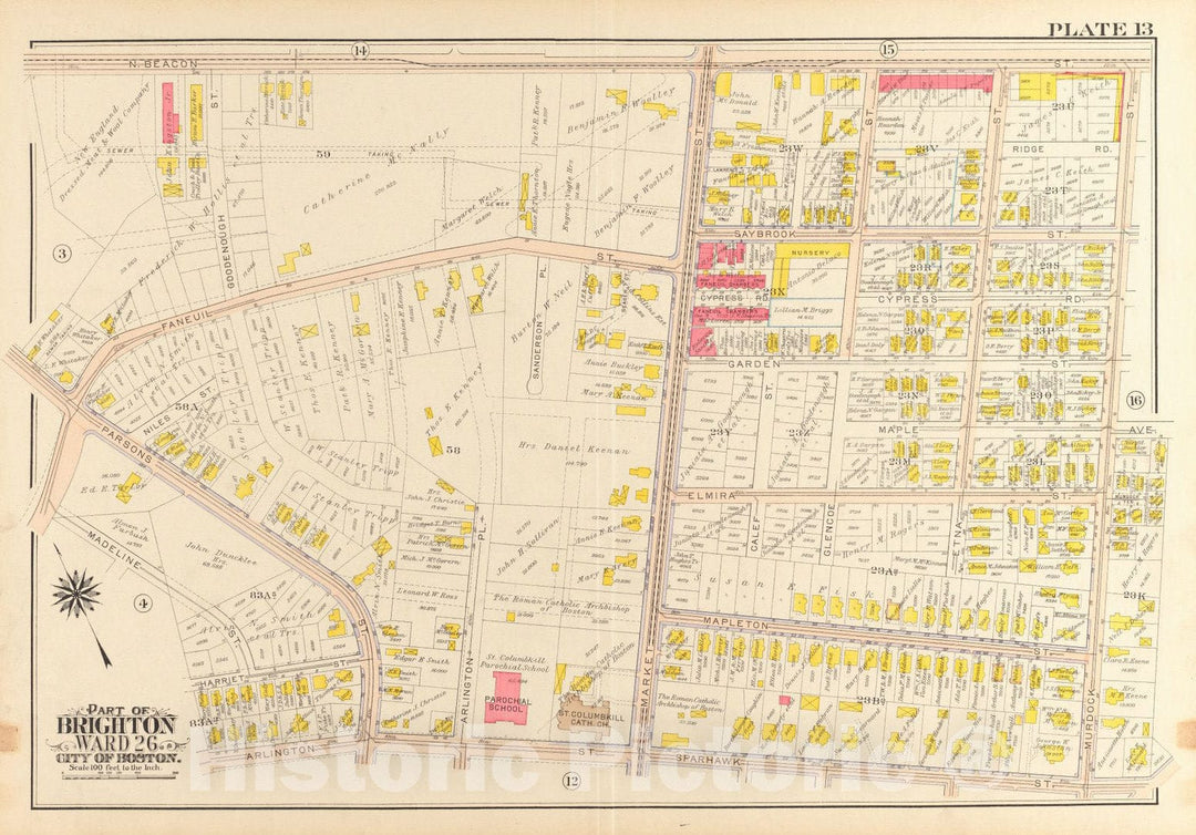 Historical Map, 1916 Atlas of the city of Boston, wards 25 & 26, Brighton : plate 13, Vintage Wall Art