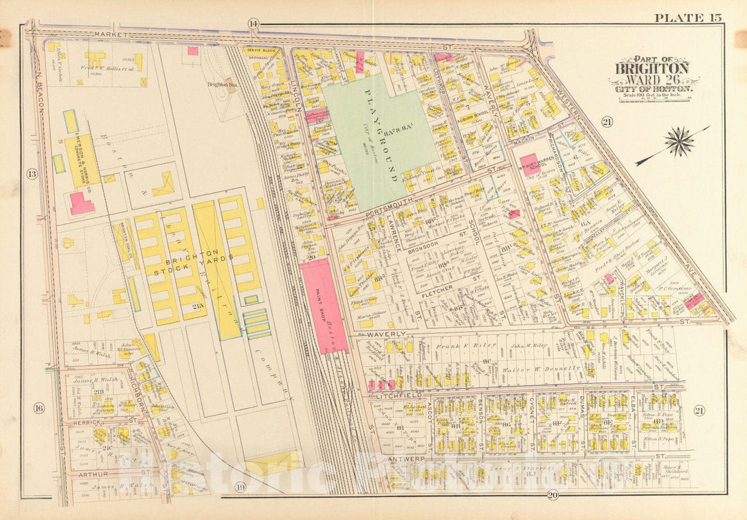 Historical Map, 1916 Atlas of the city of Boston, wards 25 & 26, Brighton : plate 15, Vintage Wall Art