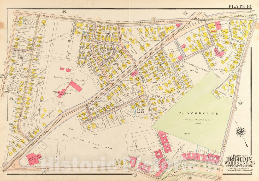 Historical Map, 1916 Atlas of the city of Boston, wards 25 & 26, Brighton : plate 16, Vintage Wall Art