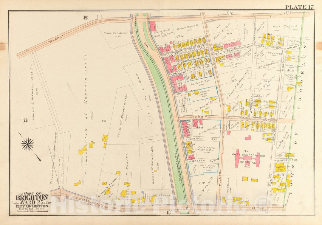 Historical Map, 1916 Atlas of The City of Boston, wards 25 & 26, Brighton : Plate 17, Vintage Wall Art