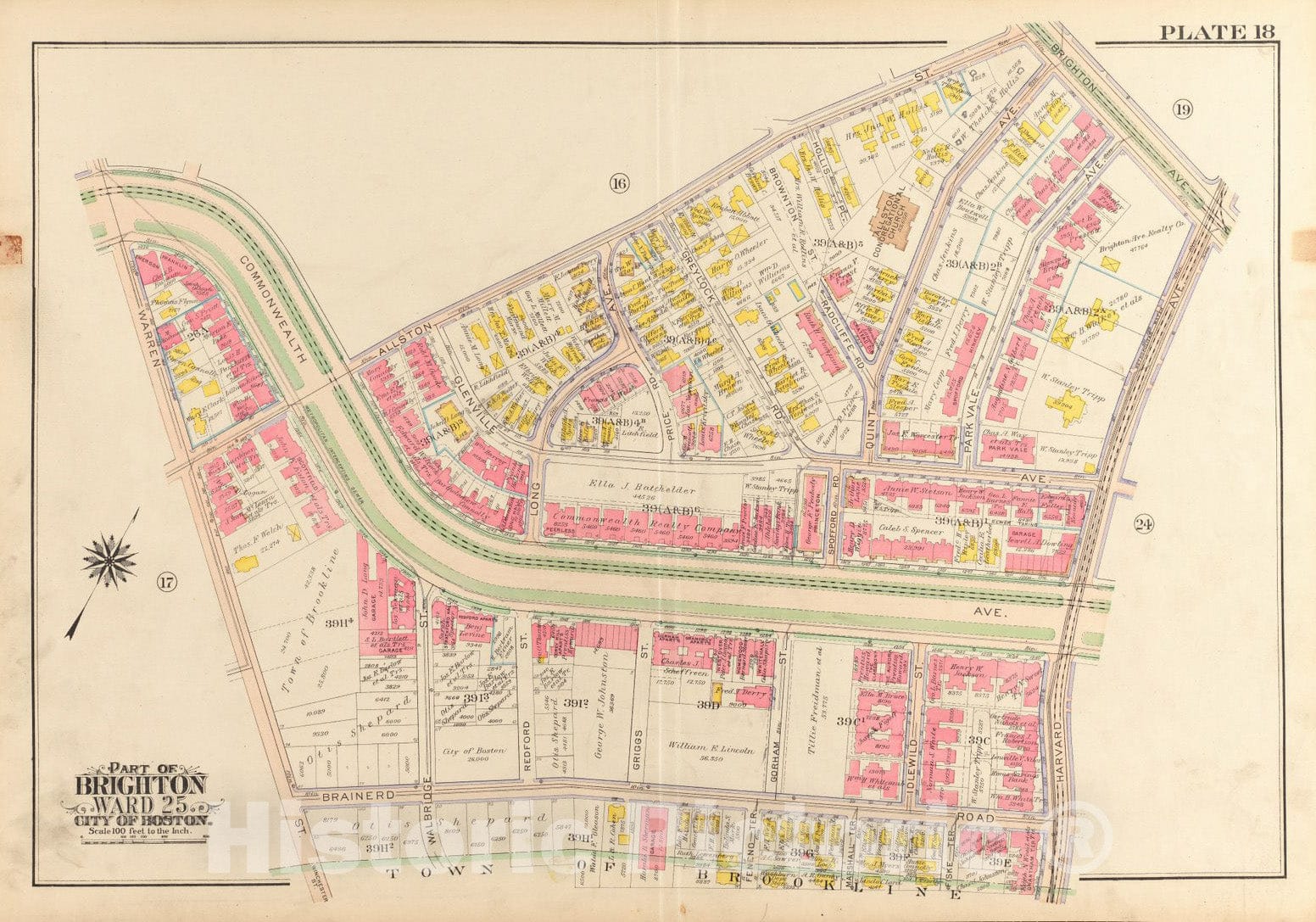 Historical Map, 1916 Atlas of The City of Boston, wards 25 & 26, Brighton : Plate 18, Vintage Wall Art