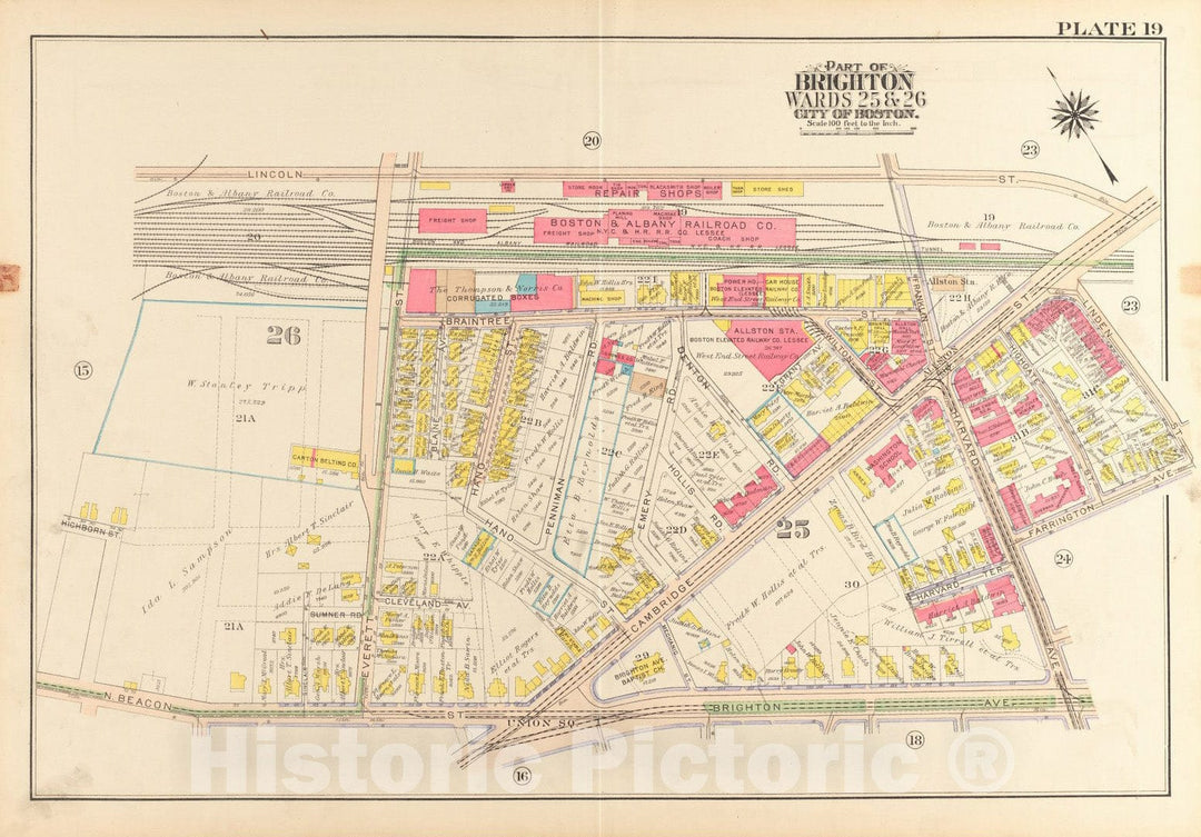 Historical Map, 1916 Atlas of The City of Boston, wards 25 & 26, Brighton : Plate 19, Vintage Wall Art