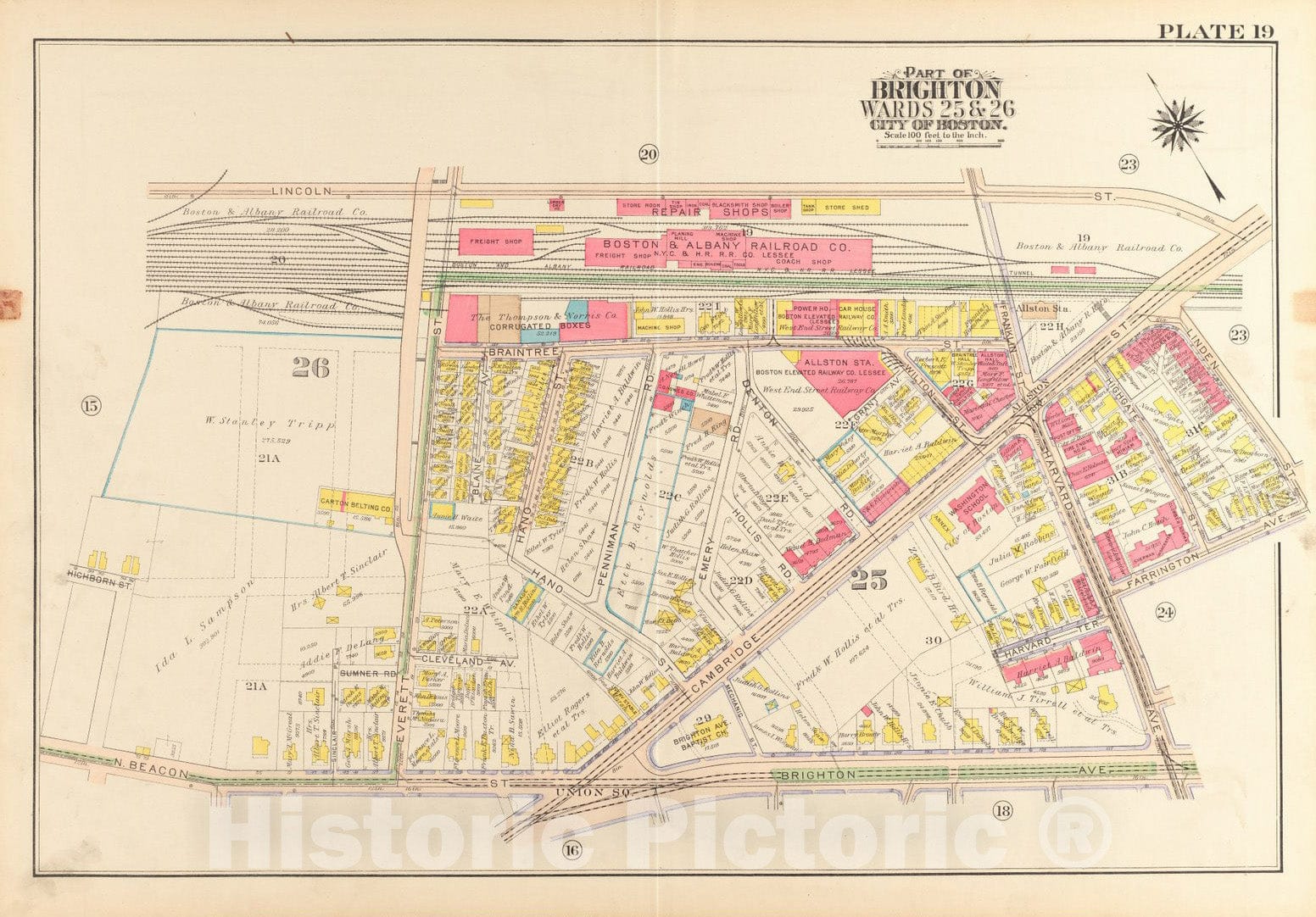 Historical Map, 1916 Atlas of The City of Boston, wards 25 & 26, Brighton : Plate 19, Vintage Wall Art