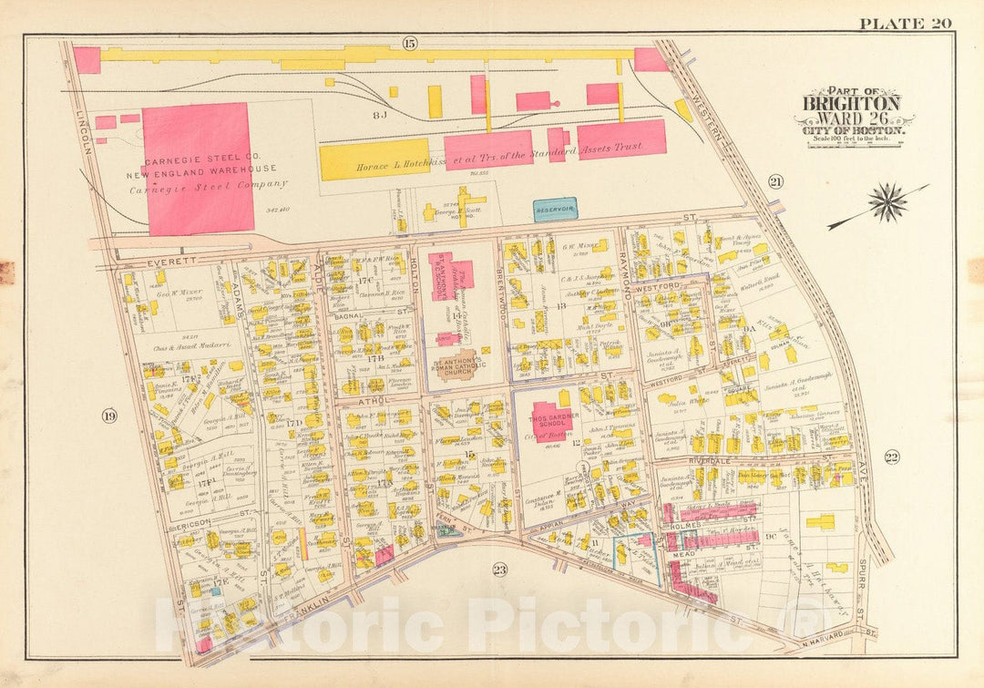 Historical Map, 1916 Atlas of The City of Boston, wards 25 & 26, Brighton : Plate 20, Vintage Wall Art