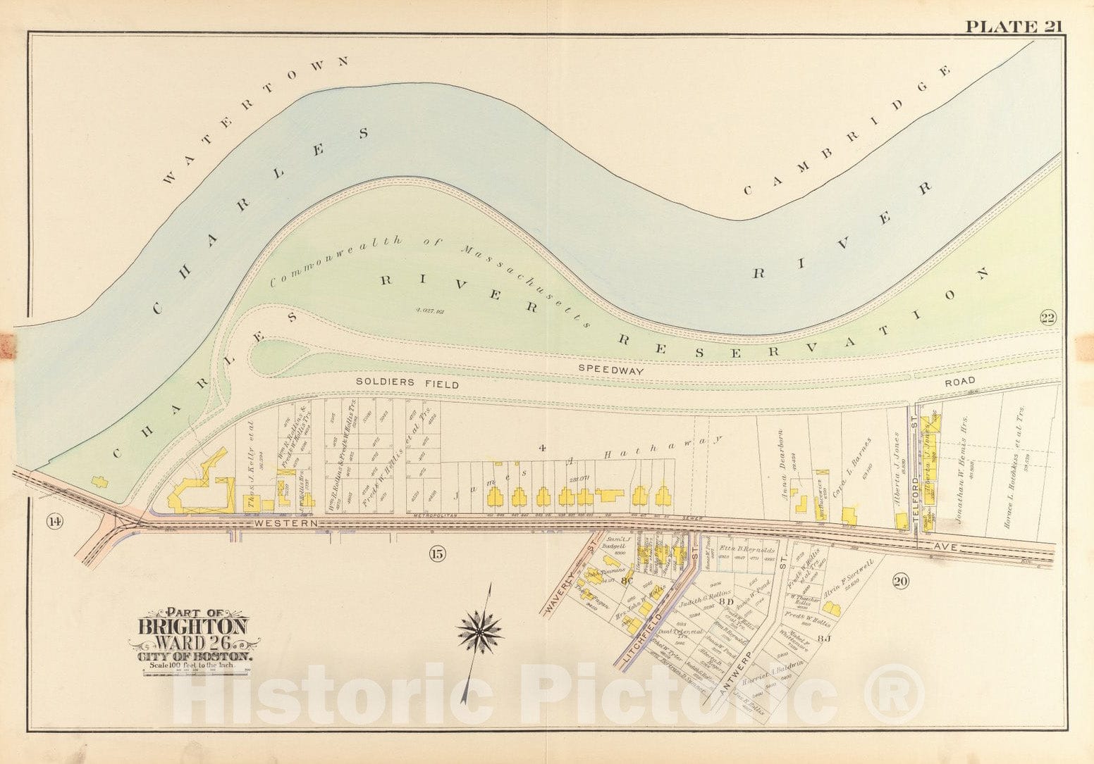 Historical Map, 1916 Atlas of The City of Boston, wards 25 & 26, Brighton : Plate 21, Vintage Wall Art