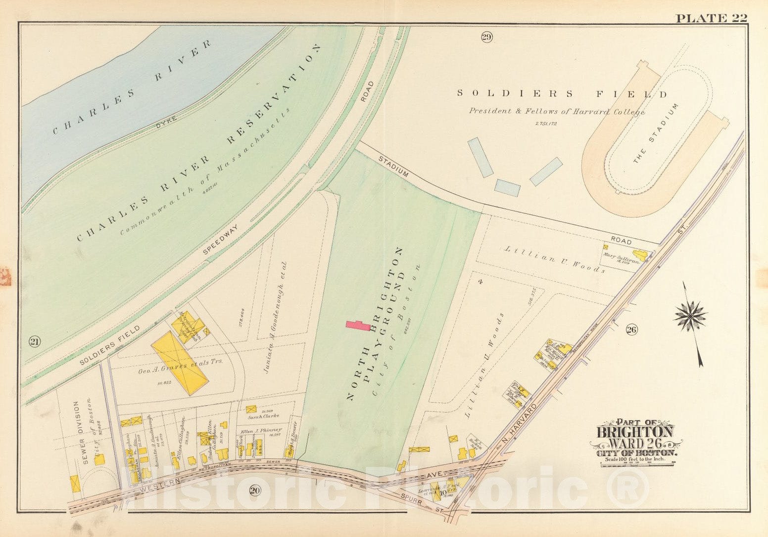 Historical Map, 1916 Atlas of The City of Boston, wards 25 & 26, Brighton : Plate 22, Vintage Wall Art