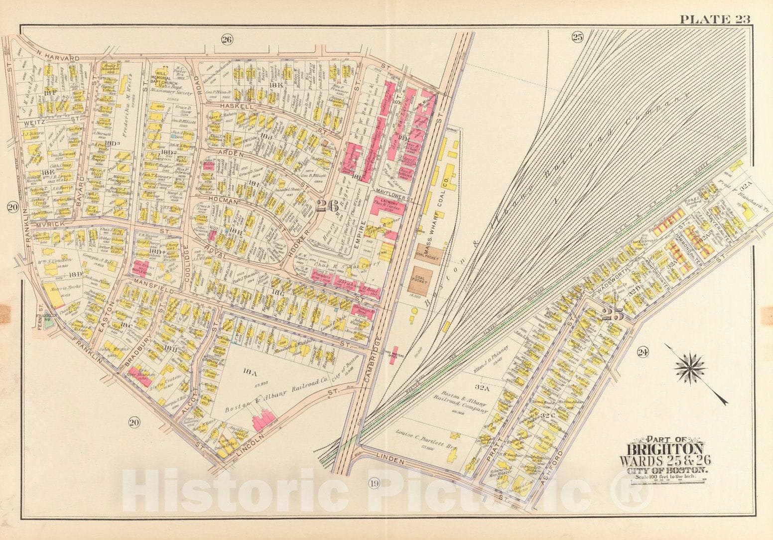 Historical Map, 1916 Atlas of The City of Boston, wards 25 & 26, Brighton : Plate 23, Vintage Wall Art