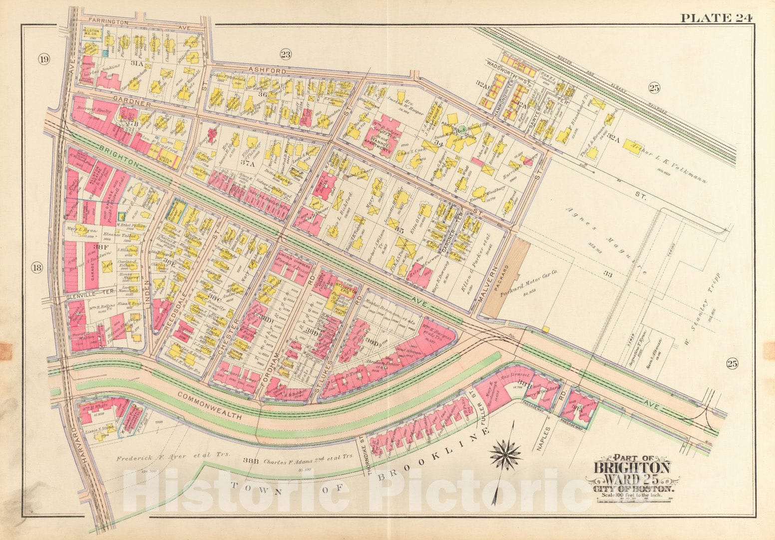 Historical Map, 1916 Atlas of The City of Boston, wards 25 & 26, Brighton : Plate 24, Vintage Wall Art