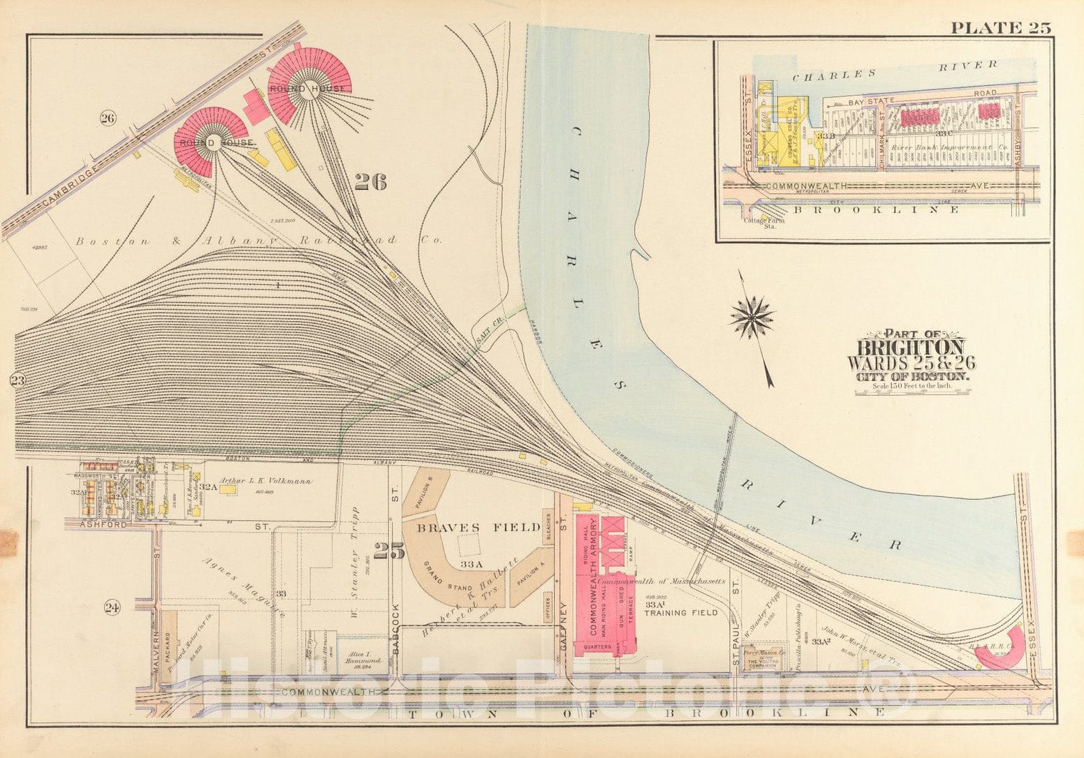 Historical Map, 1916 Atlas of The City of Boston, wards 25 & 26, Brighton : Plate 25, Vintage Wall Art