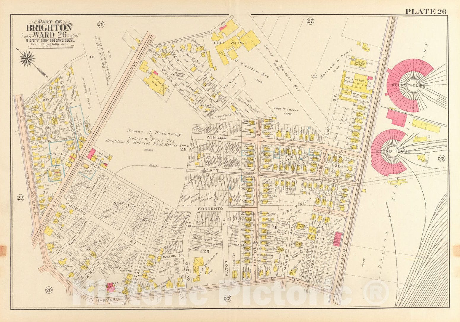 Historical Map, 1916 Atlas of The City of Boston, wards 25 & 26, Brighton : Plate 26, Vintage Wall Art