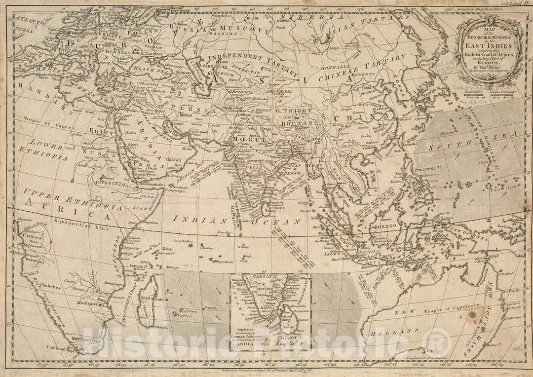 Historical Map, 1776 Map of The European settlements in The East Indies and on The Eastern Coast of Africa Including Part of Europe, Vintage Wall Art