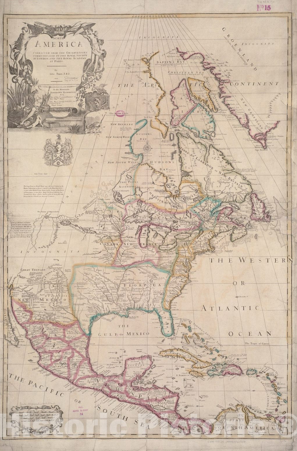 Historical Map, 1710 North America : Corrected from The Observation communicated to The Royal Society at London and The Royal Academy at Paris, Vintage Wall Art