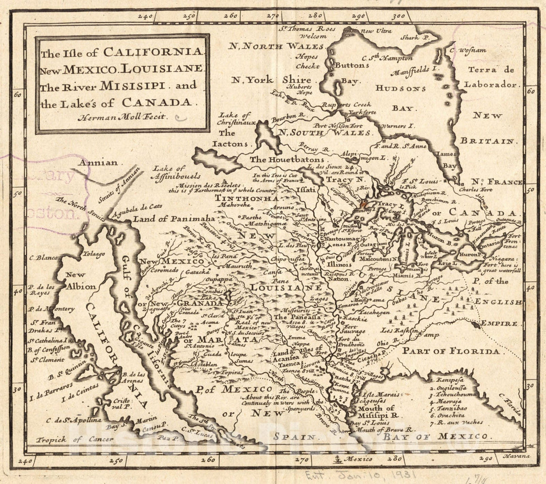 Historical Map, 1701 The isle of California : New Mexico : Louisiane : The River Misisipi, and The Lakes of Canada, Vintage Wall Art