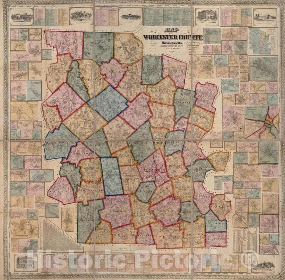 Historical Map, 1857 Map of Worcester County, Massachusetts : based upon the trigonometrical survey of the state, Vintage Wall Art