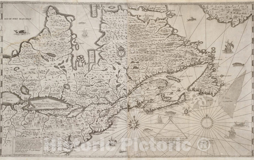 Historical Map, 1632 Carte de la Nouuelle France, augmentee Depuis la derniere, seruant a la Navigation faicte en Son vray Meridien, Vintage Wall Art