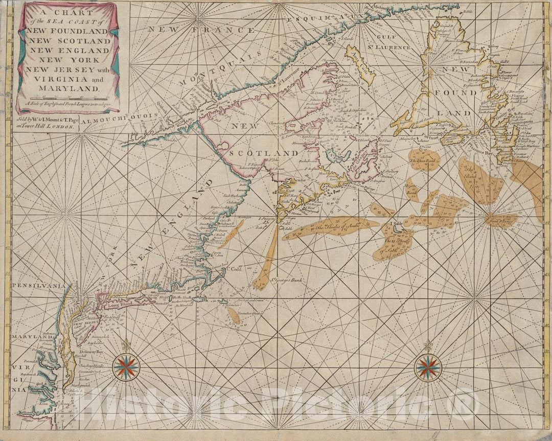 Historical Map, 1713 A Chart of The sea Coast of New Foundland, New Scotland, New England, New York, New Jersey, with Virginia and Maryland, Vintage Wall Art