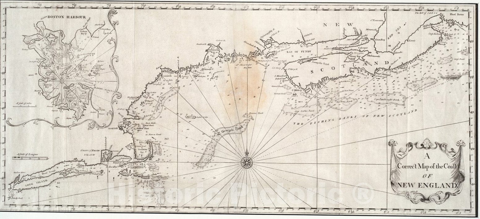 Historical Map, 1737 A Correct map of The Coast of New England, Vintage Wall Art