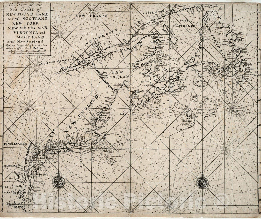 Historical Map, 1749 A Chart of The sea Coast of New Foundland, New Scotland, New York, New Jersey, with Virginia and Maryland and New England, Vintage Wall Art