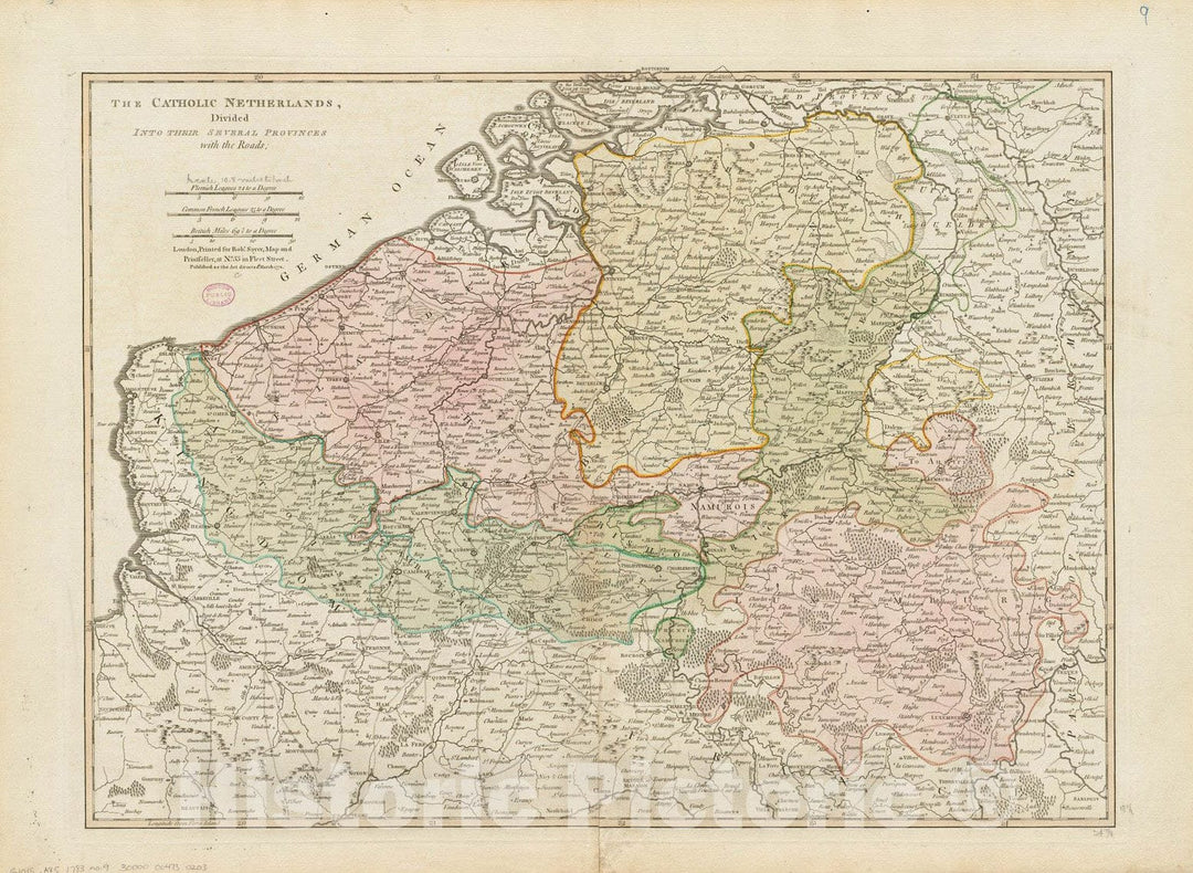 Historical Map, 1772 The Catholic Netherlands, Divided into Their Several Provinces with The Roads, Vintage Wall Art